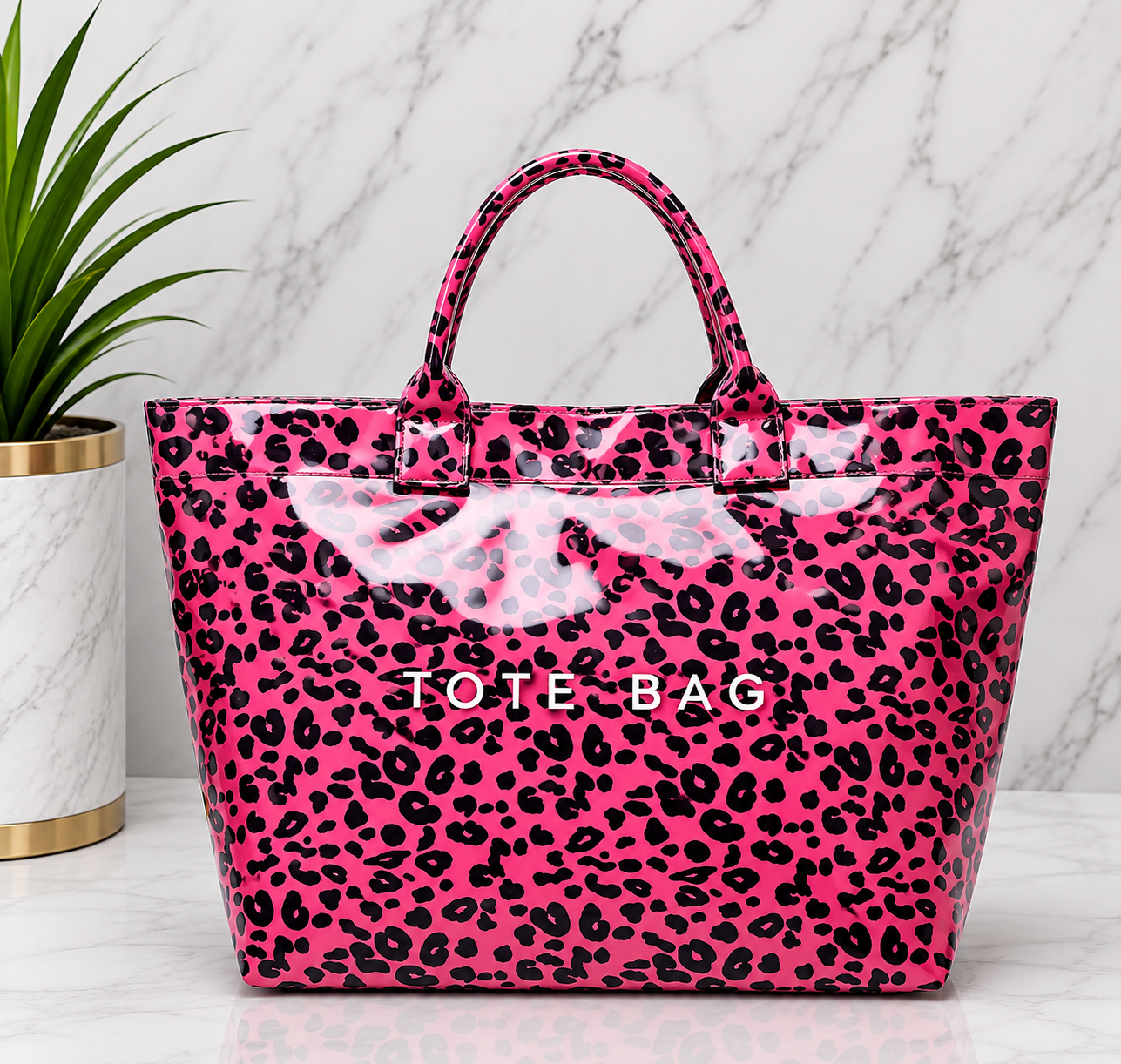 Hot Pink Leopard Print Bow Patent Leather Tote Bag