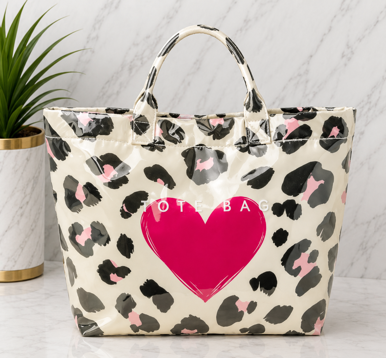 Cream Leopard Print Heart Patent Leather Tote Bag