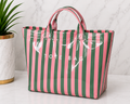 Green & Pink Stripe Patent Leather Tote Bag