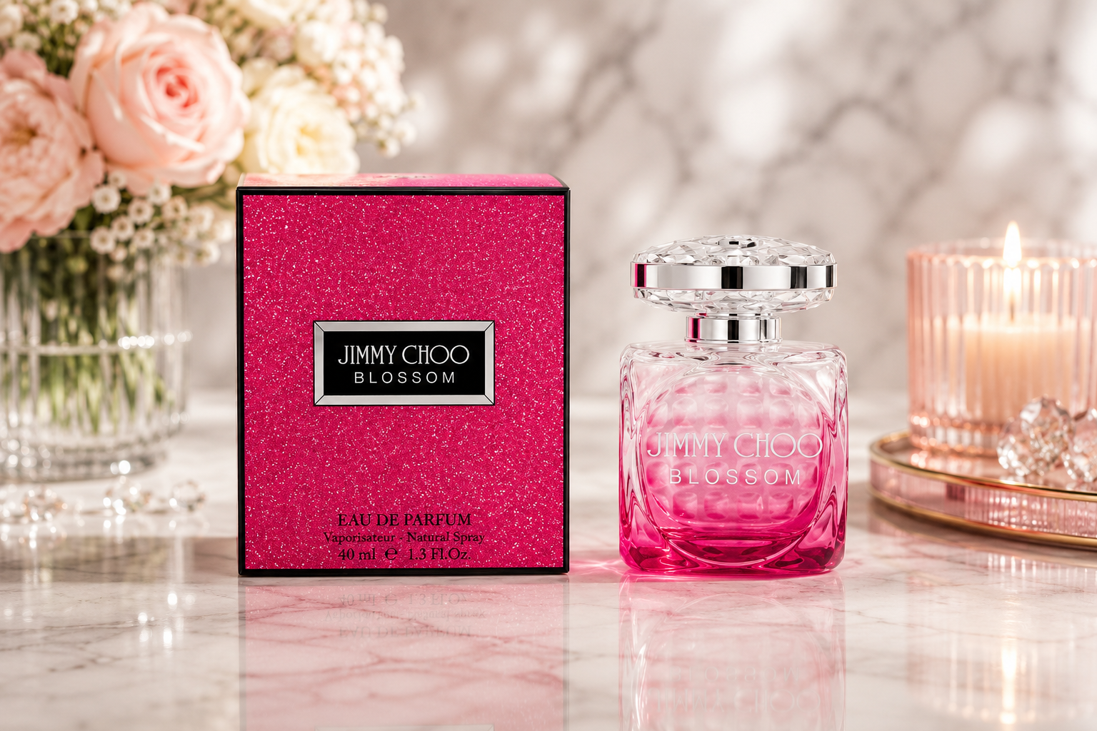 Jimmy Choo Blossom Eau De Parfum 40ml bottle and pink glitter box