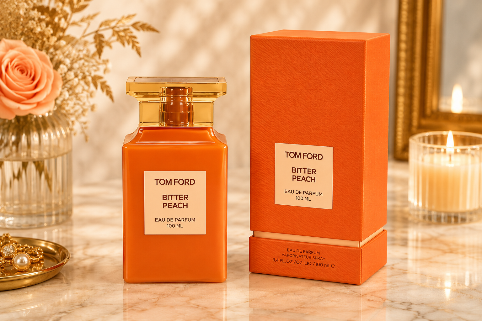 Tom Ford Bitter Peach Eau De Parfum 100ml orange bottle and box