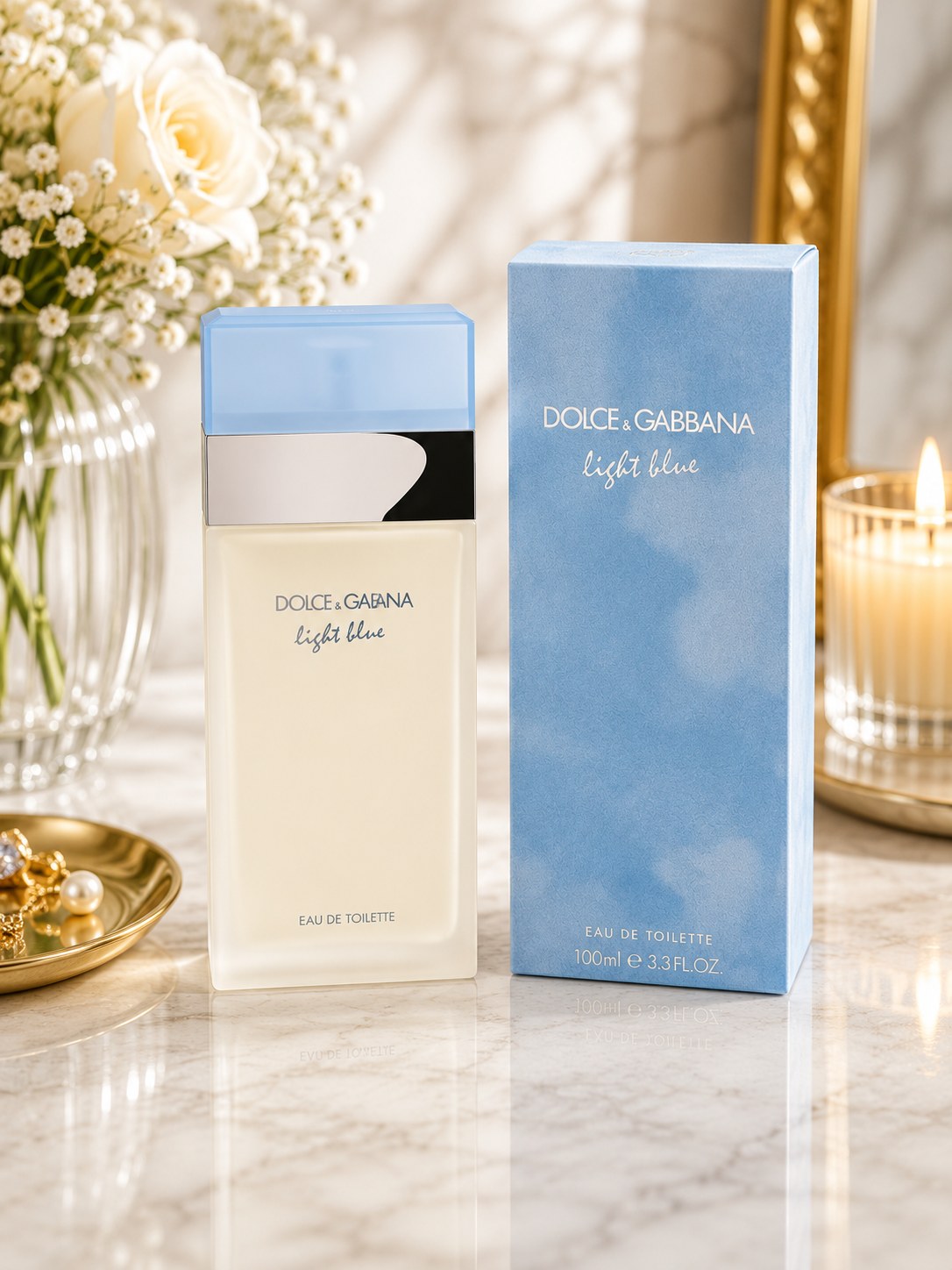 Dolce & Gabbana Light Blue Eau De Toilette 100ml bottle and light blue box