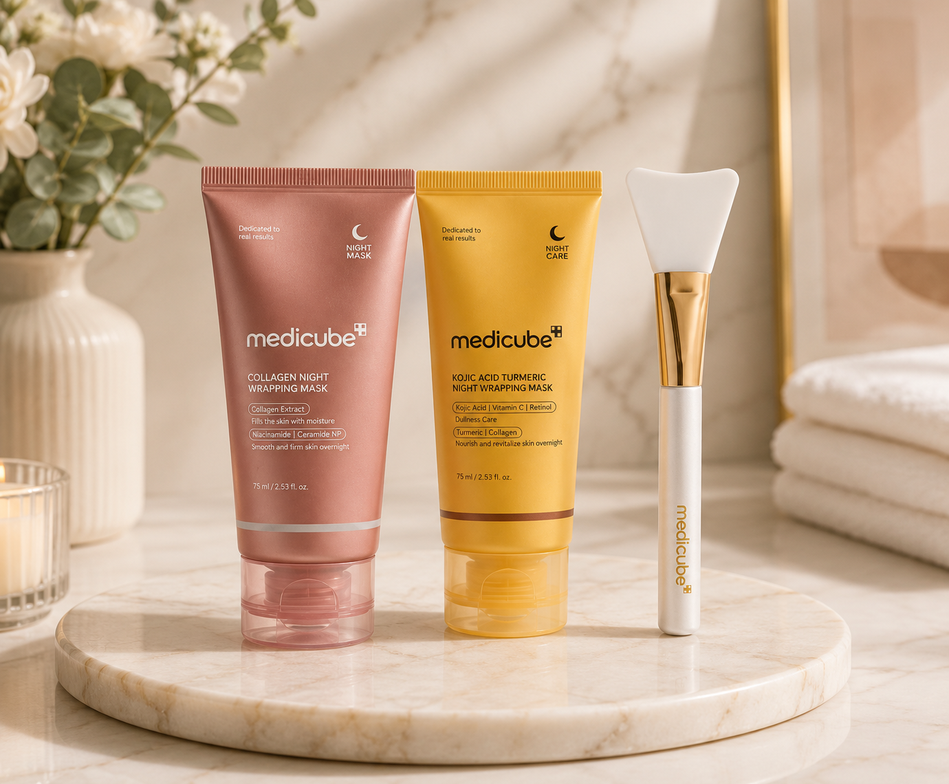 Medicube Dual Night Wrapping Mask Set with Collagen Mask, Kojic Acid Turmeric Mask and Silicone Applicator Brush