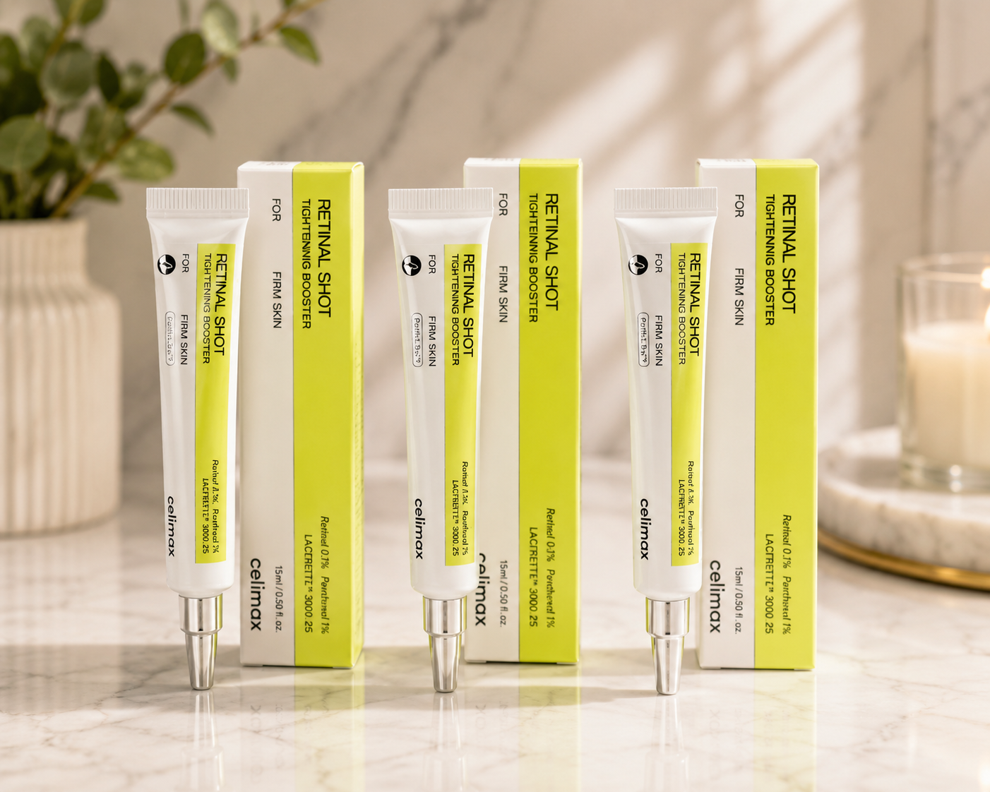 Celimax Retinal Shot Tightening Booster Anti-Aging Serum 3pc Set 15ml tubes and boxes