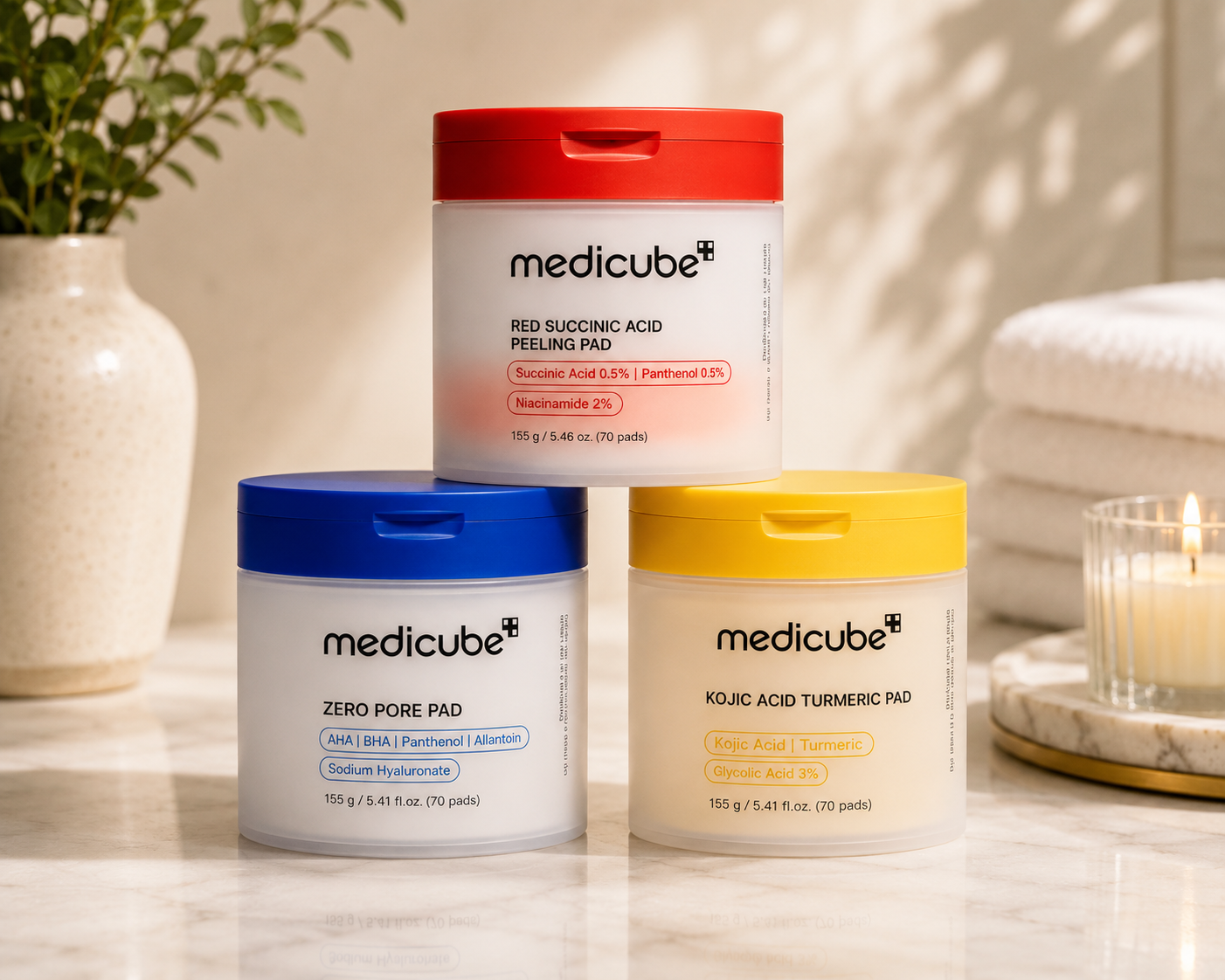 Medicube Triple Care Toner Pad Set - Zero Pore Pad, Red Succinic Acid Peeling Pad, and Kojic Acid Turmeric Pad