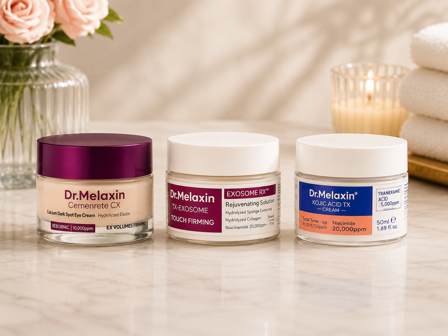 Dr.Melaxin Complete Anti-Aging Skincare Set 3pc - Cemenrete CX Eye Cream, TX-Exosome Touch Firming Cream and Kojic Acid TX Cream