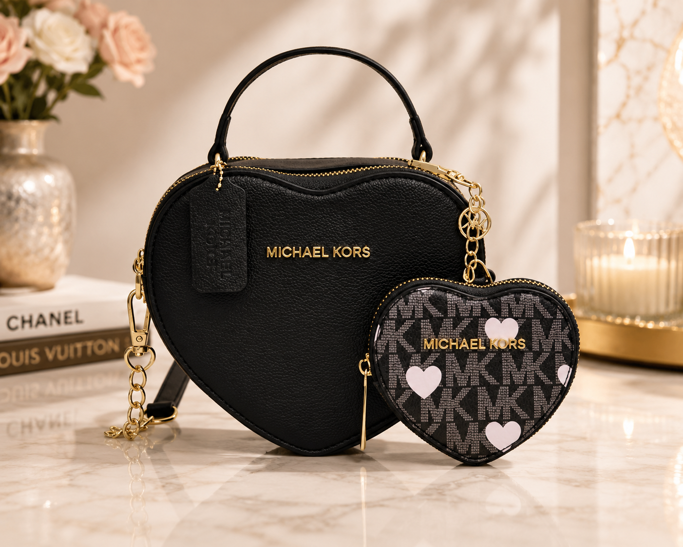 Michael Kors heart shaped handbag in black with gold hardware and matching MK monogram coin purse
