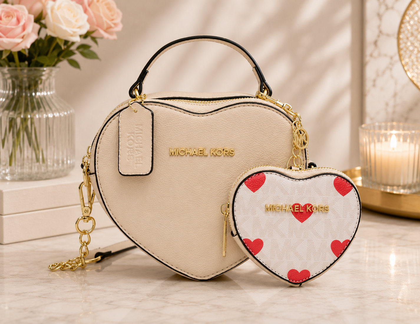 Michael Kors heart shaped handbag in cream with gold hardware and matching red heart coin purse