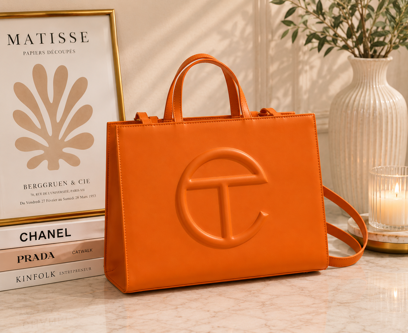 Telfar Shopping Bag in orange vegan leather with tonal embossed logo and detachable shoulder strap