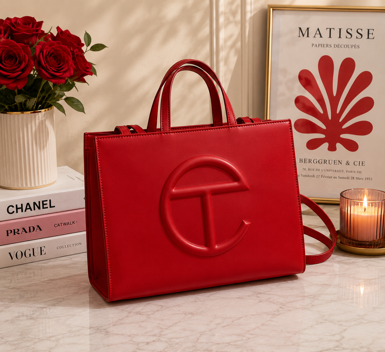 Telfar Shopping Bag in scarlet red vegan leather with tonal embossed logo and detachable shoulder strap