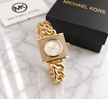Michael Kors pavé crystal square lock watch on gold Cuban chain bracelet with MK logo dial and gift box