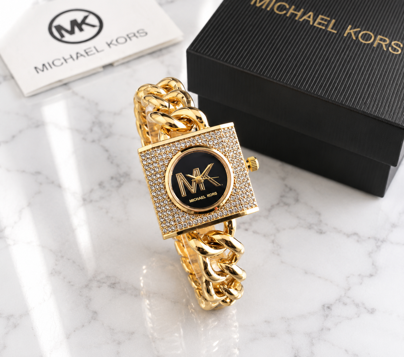 Michael Kors pavé crystal square lock watch with black dial on gold Cuban chain bracelet with MK logo and gift box
