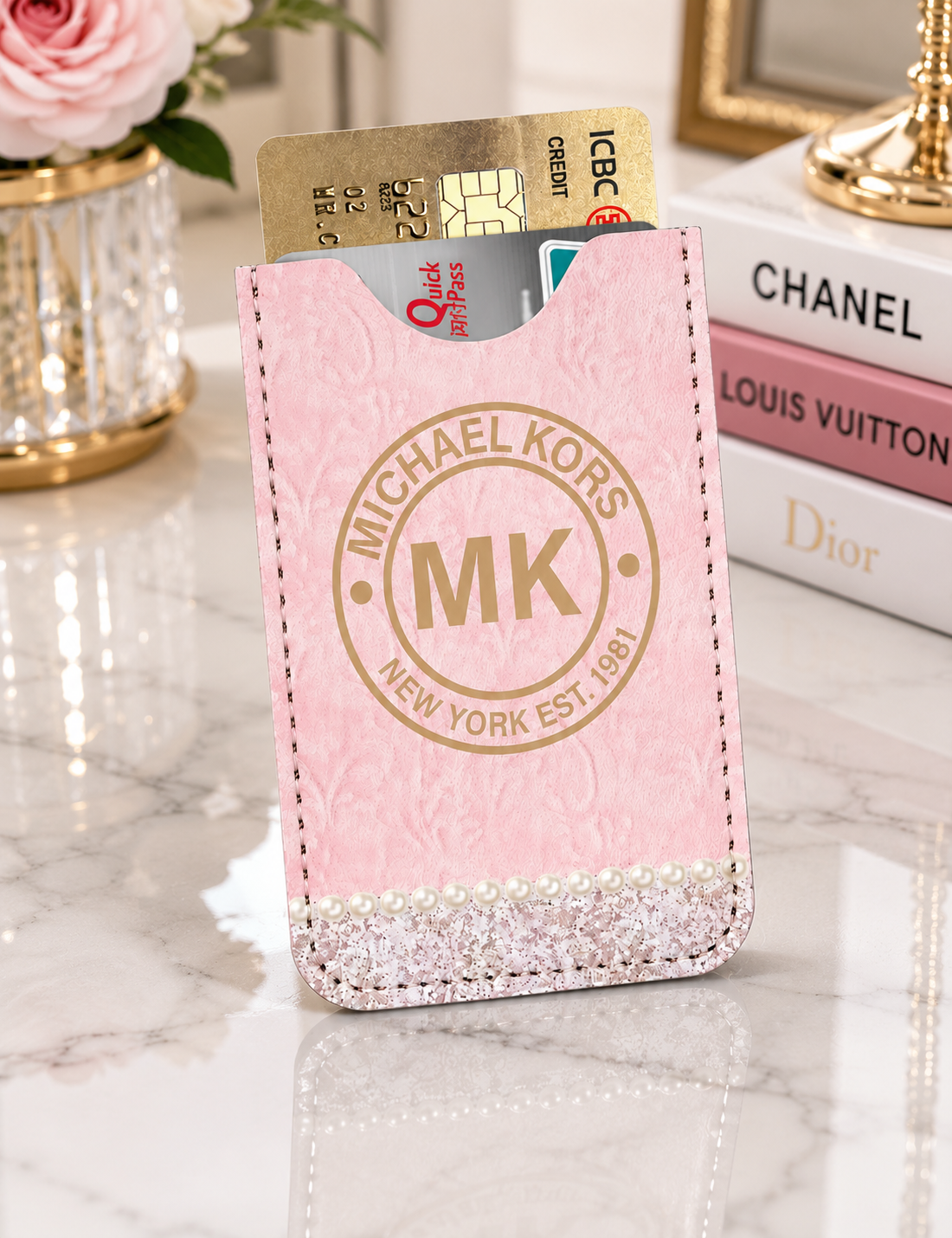 Pink MK Card Protect Credit Bank Card Holder Case Slim Wallet with glitter and pearl detail