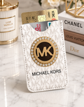 White cream MK Card Protect Credit Bank Card Holder Case Slim Wallet with gold rhinestone logo detail