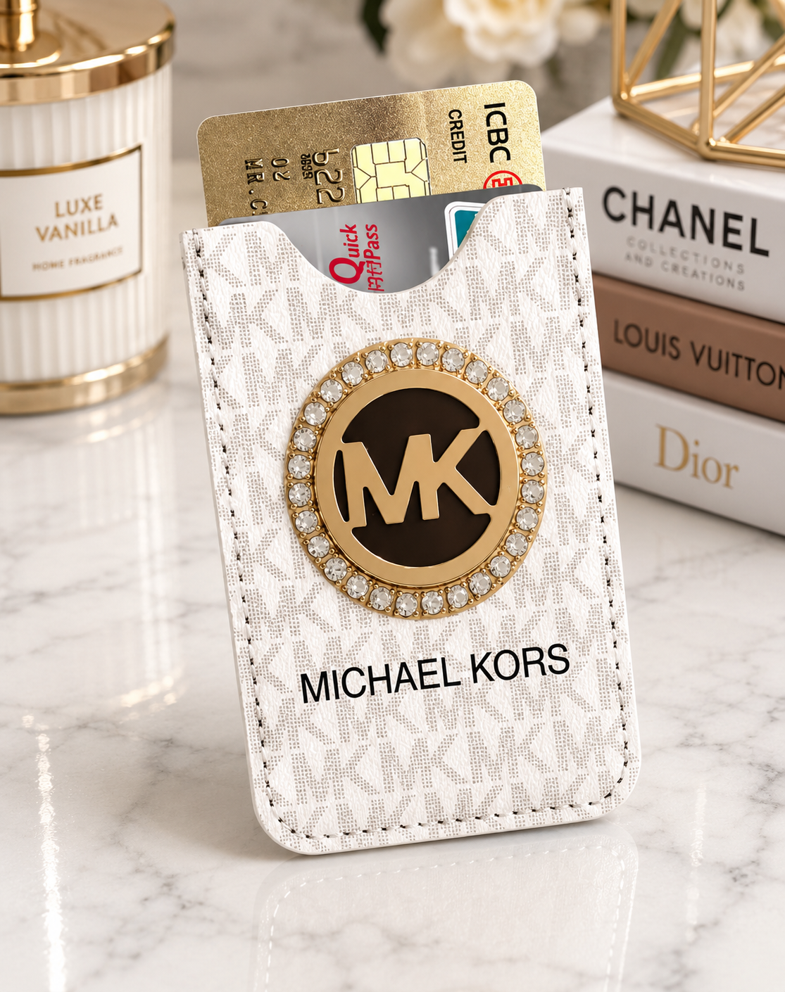 White cream MK Card Protect Credit Bank Card Holder Case Slim Wallet with gold rhinestone logo detail