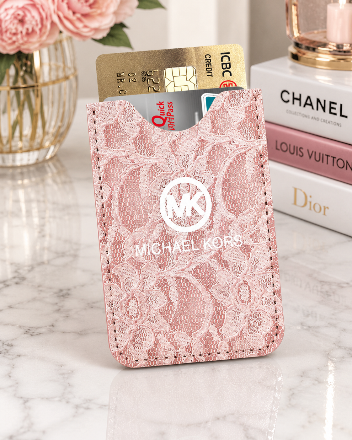 Pink lace MK Card Protect Credit Bank Card Holder Case Slim Wallet with white MK logo