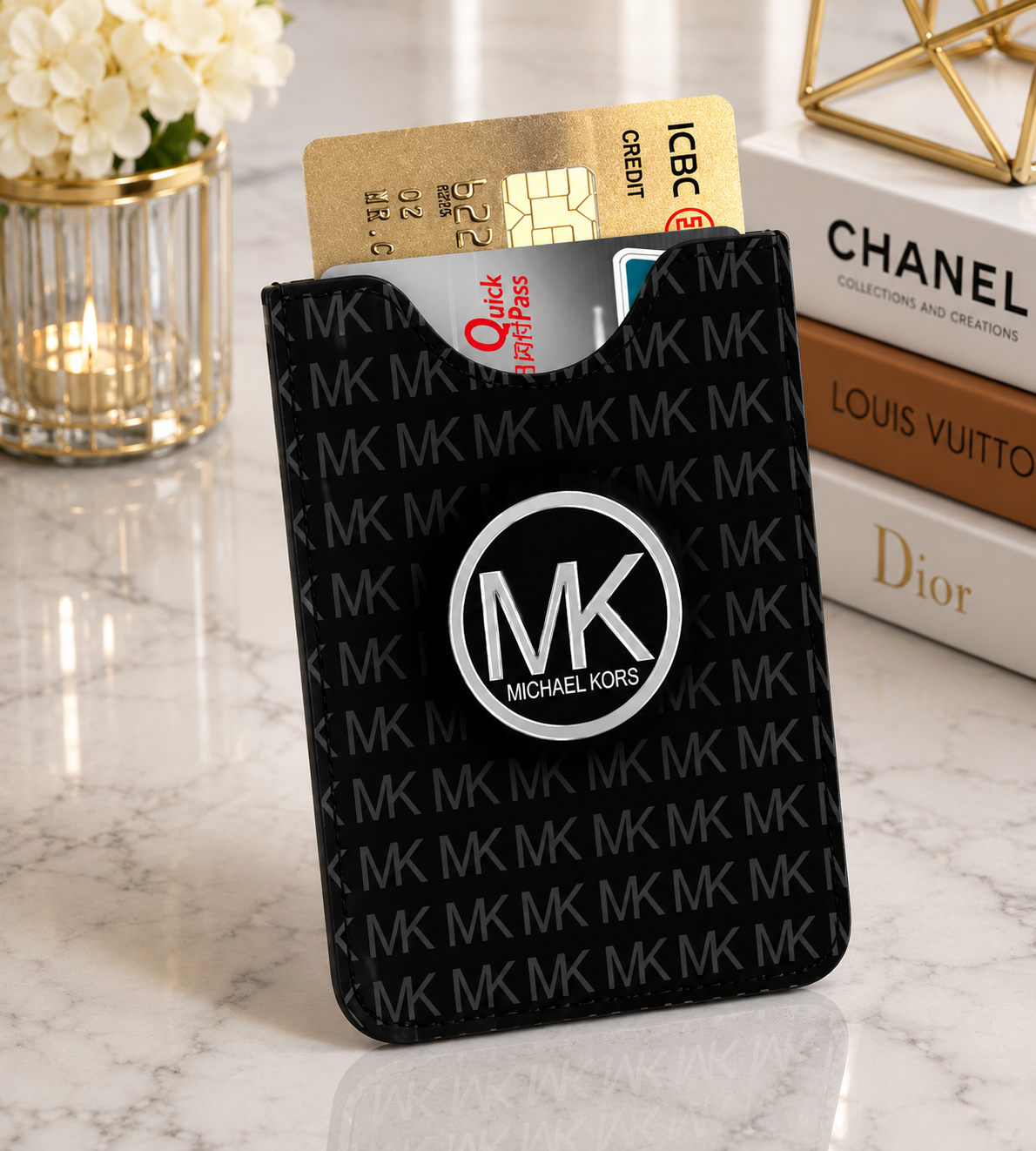 All-black MK monogram card holder with silver MK logo medallion