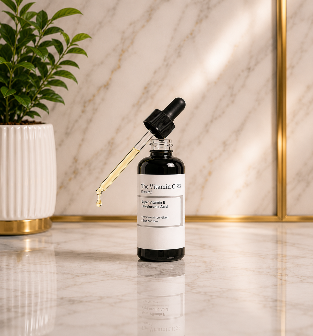 The Vitamin C 23 Serum dropper bottle with golden serum drop on marble surface