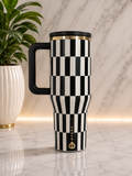 HydroJug Black and White Checker 40oz Tumbler with matte black handle and gold accent lid on marble surface