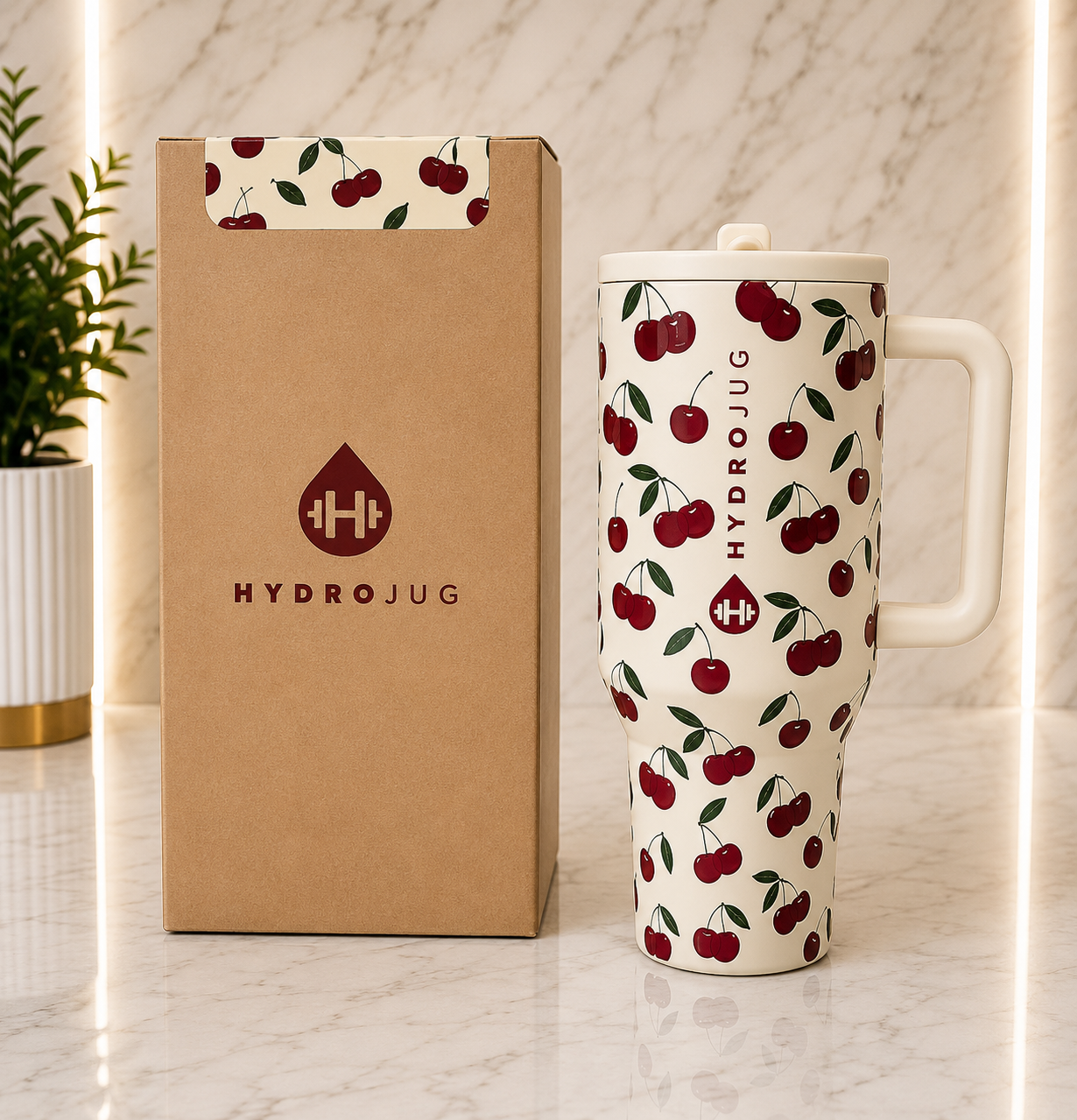 HydroJug Cherry Print 40oz Tumbler with cream handle and lid next to HydroJug gift box on marble surface