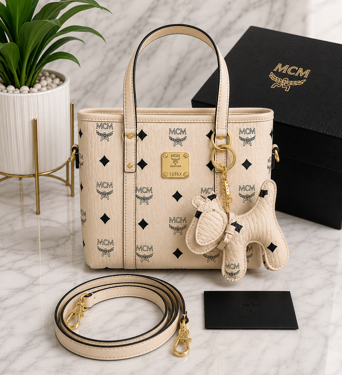 MCM Visetos Mini Tote Bag in cream with bear charm and crossbody strap
