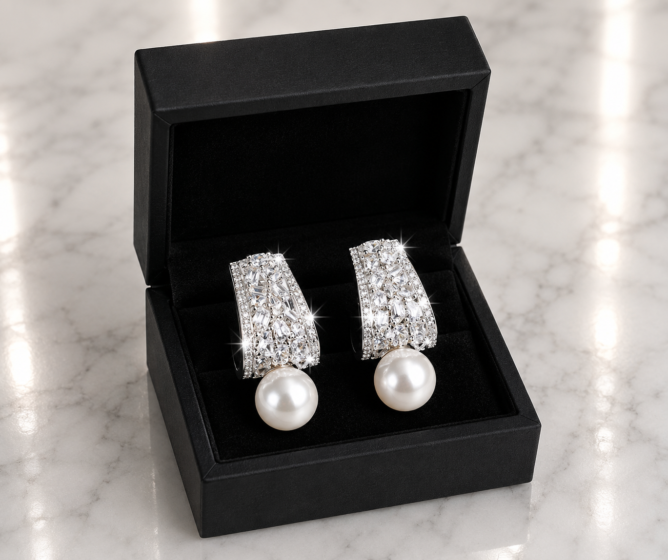CZ Baguette and Pearl Drop Earrings in silver displayed in a black luxury gift box