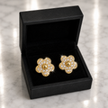 CZ Pavé Flower Stud Earrings in 18K gold tone displayed in a black luxury gift box