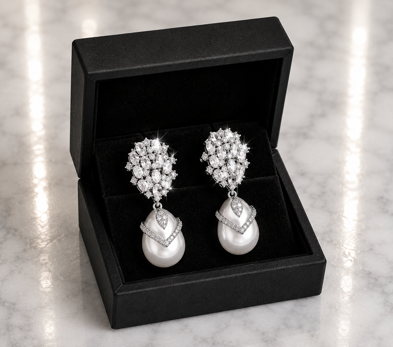 CZ Cluster and Pearl Drop Earrings in silver displayed in a black luxury gift box