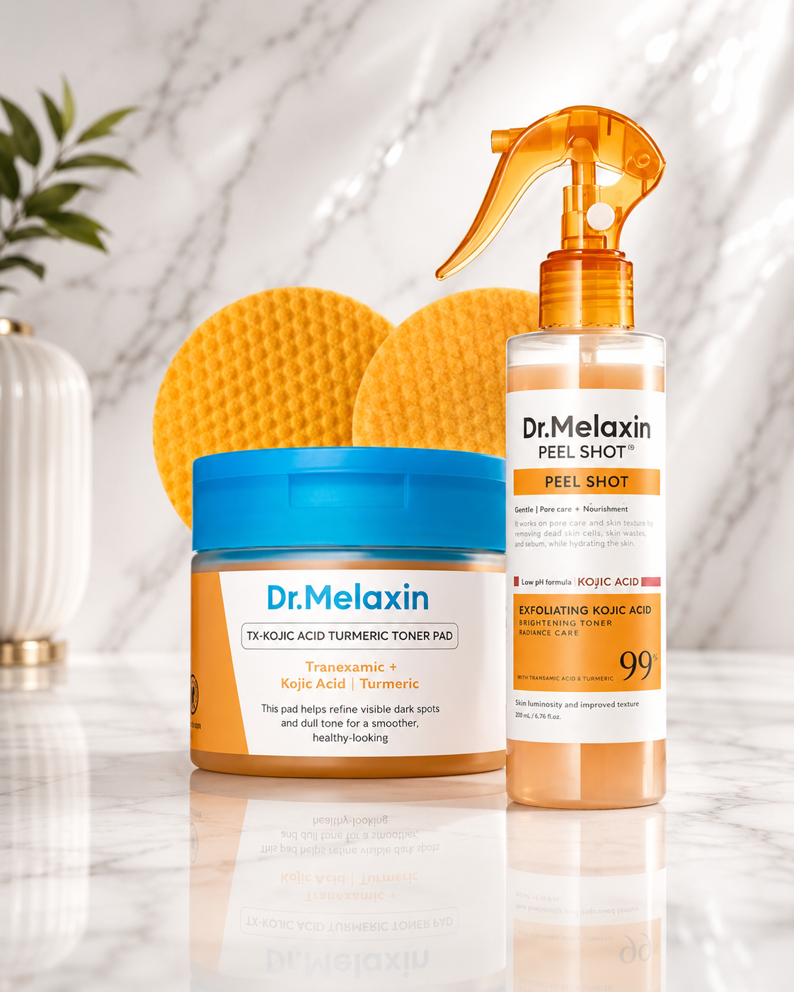 Dr.Melaxin Kojic Acid Turmeric Skin Care Set — TX Toner Pads + Peel Shot Spray
