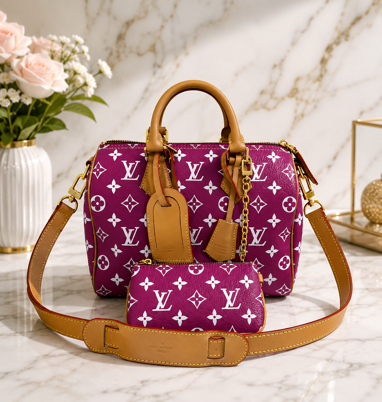 Luxury Monogram Handbag & Pouch Set — Berry Purple