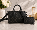 Luxury Monogram Handbag & Chain Pouch Set — All Black
