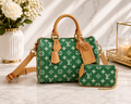 Luxury Monogram Handbag & Chain Pouch Set — Forest Green