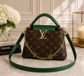 Brown Monogram Crossbody Bag with Green Accents