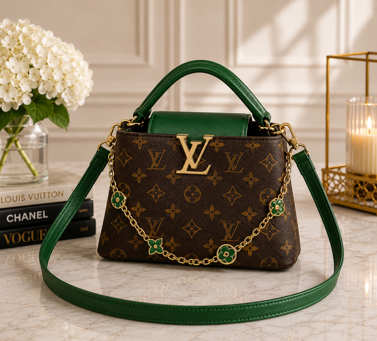Brown Monogram Crossbody Bag with Green Accents