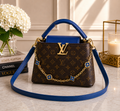 Brown Monogram Crossbody Bag with Blue Accents
