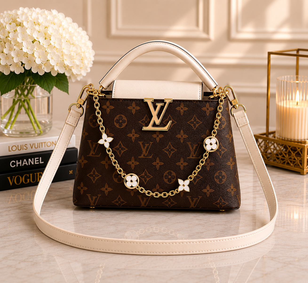 Brown Monogram Crossbody Bag with Cream Accents