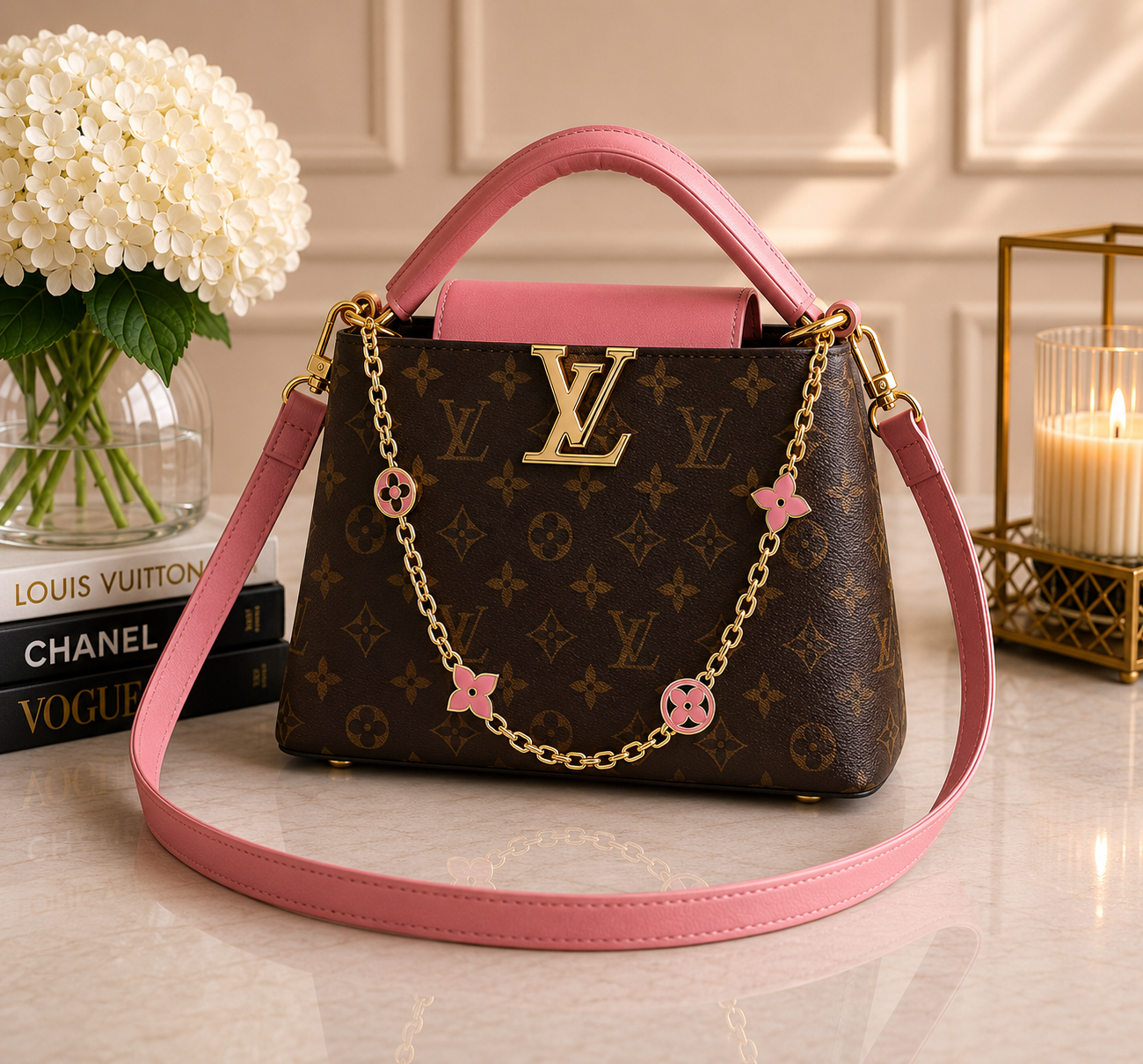 Brown Monogram Crossbody Bag with Pink Accents