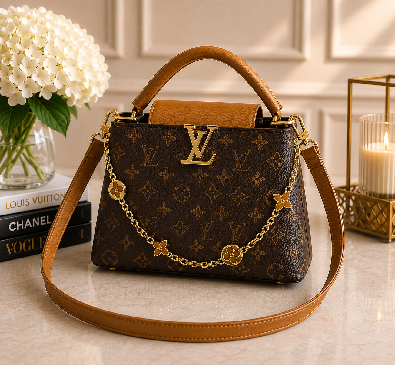 Brown Monogram Crossbody Bag with Tan Accents