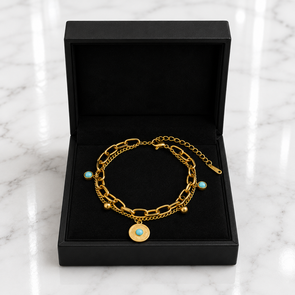 Gold & Turquoise Layered Charm Bracelet