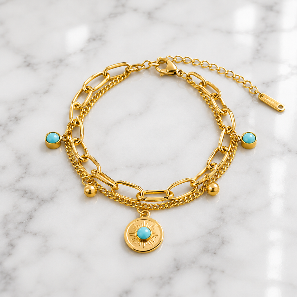 Gold & Turquoise Layered Charm Bracelet