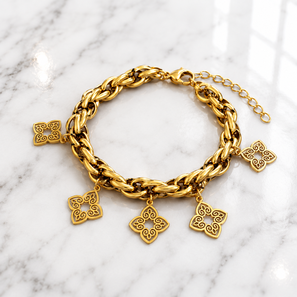 Gold Floral Charm Braided Chain Bracelet
