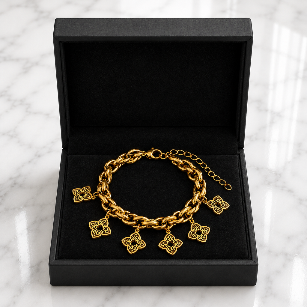 Gold Floral Charm Braided Chain Bracelet