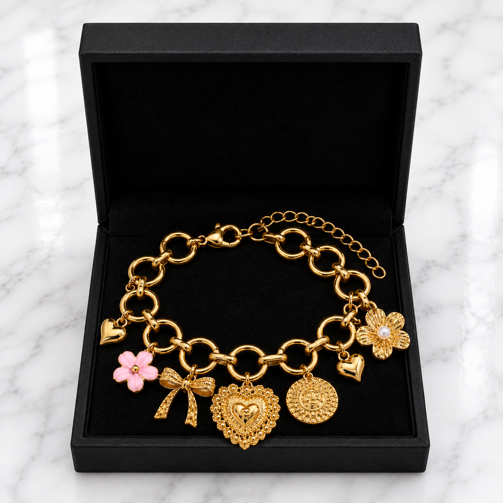 Gold Multi-Charm Circle Link Bracelet