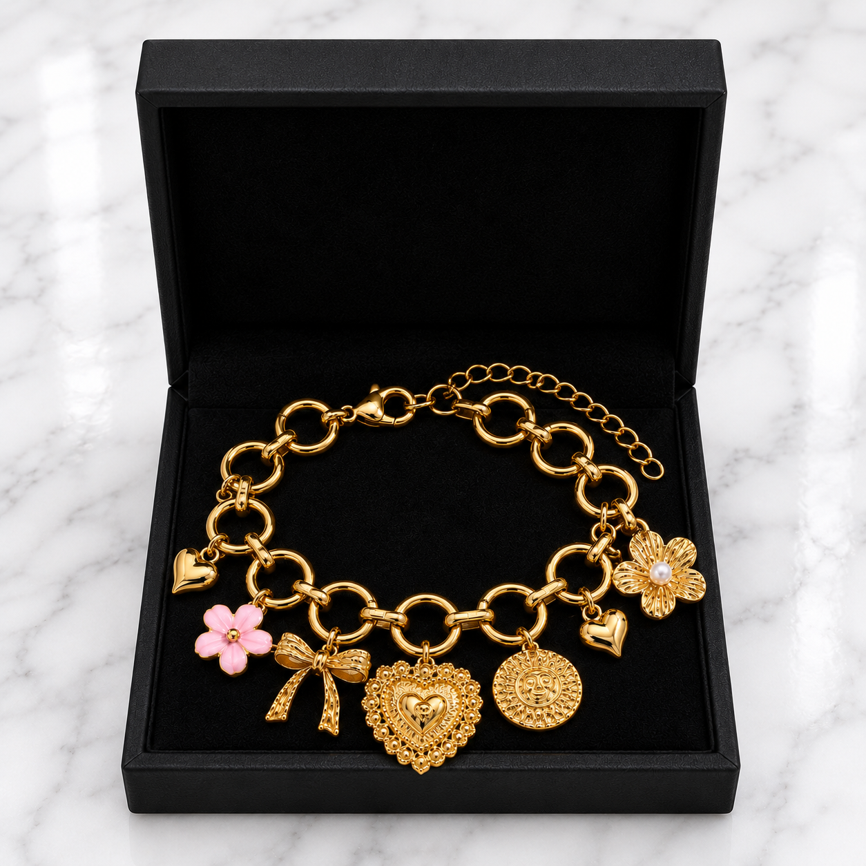 Gold Multi-Charm Circle Link Bracelet