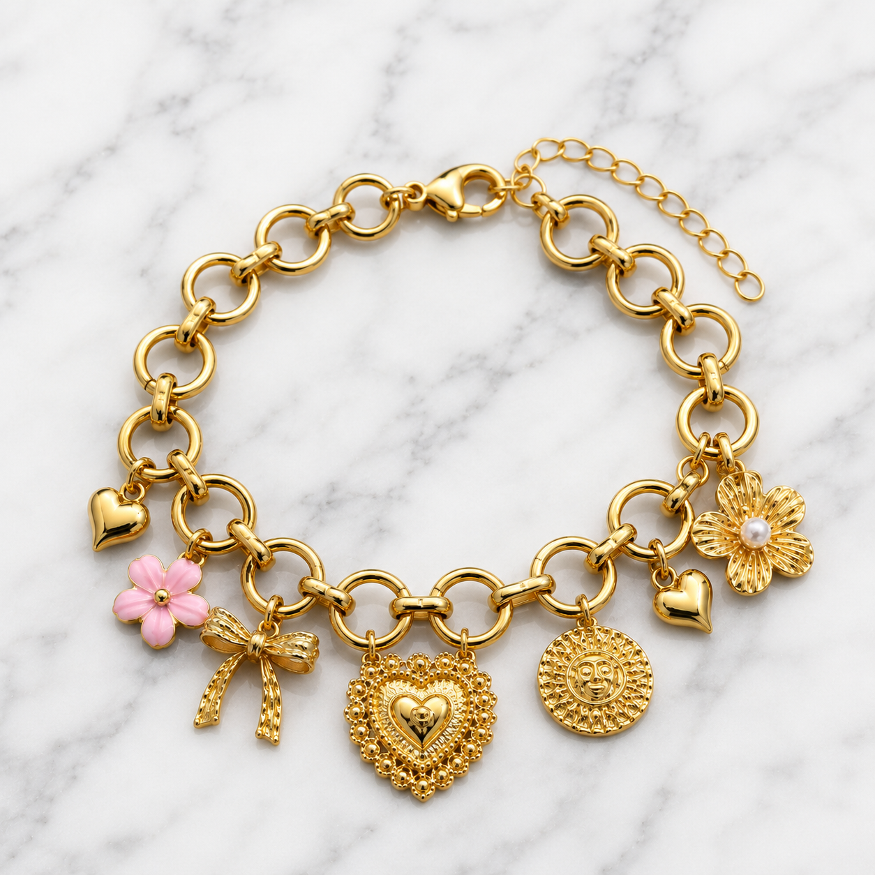 Gold Multi-Charm Circle Link Bracelet