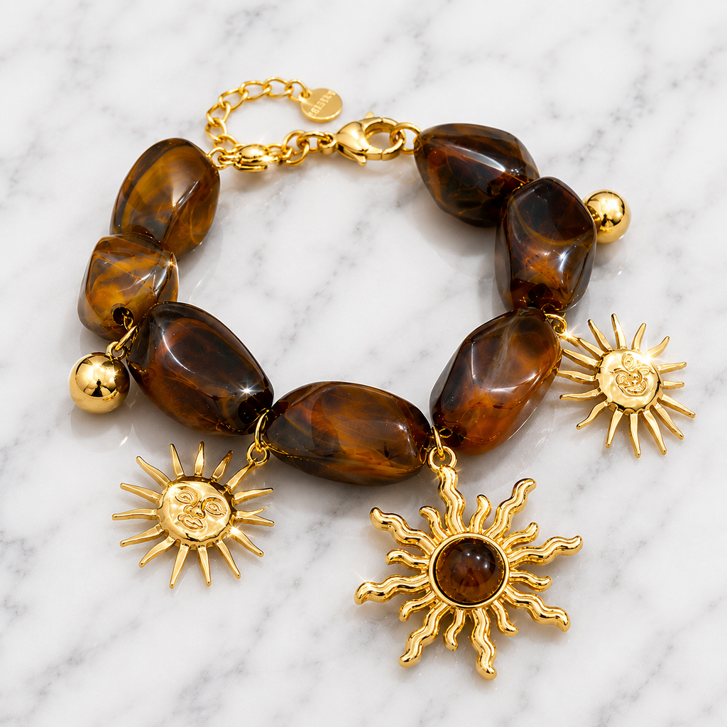 Tiger Eye & Gold Sun Charm Bracelet