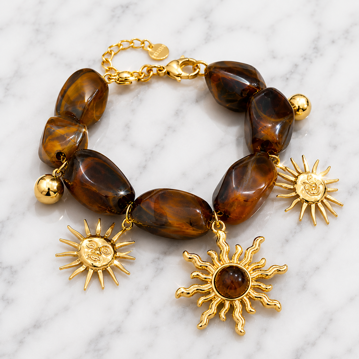 Tiger Eye & Gold Sun Charm Bracelet