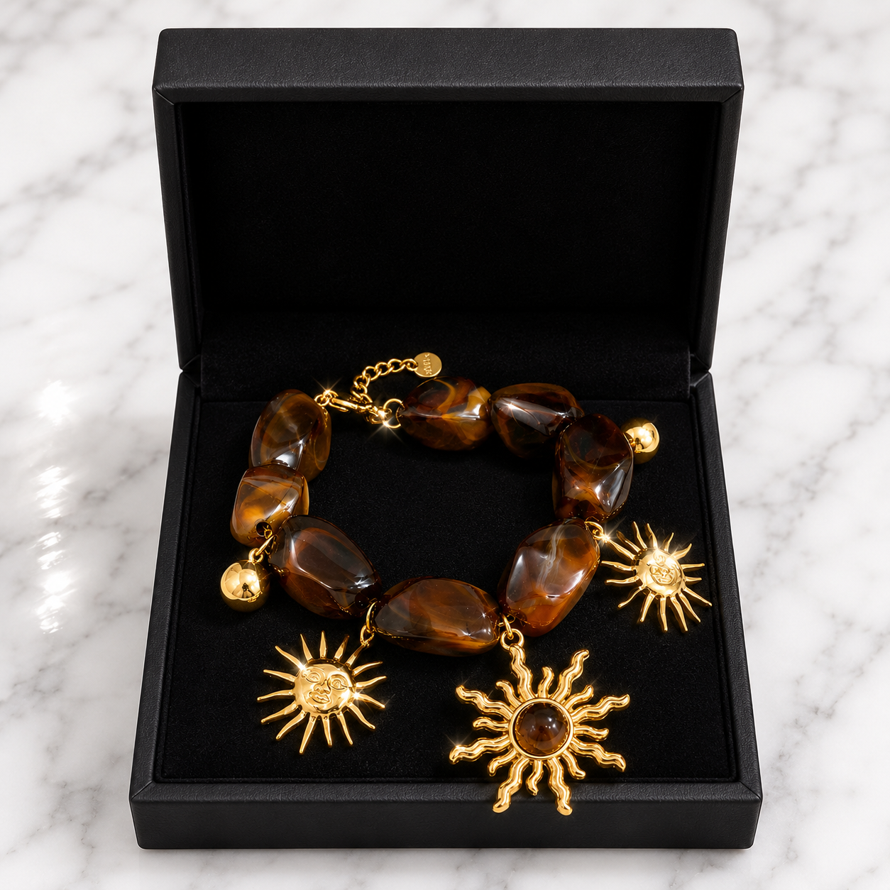 Tiger Eye & Gold Sun Charm Bracelet