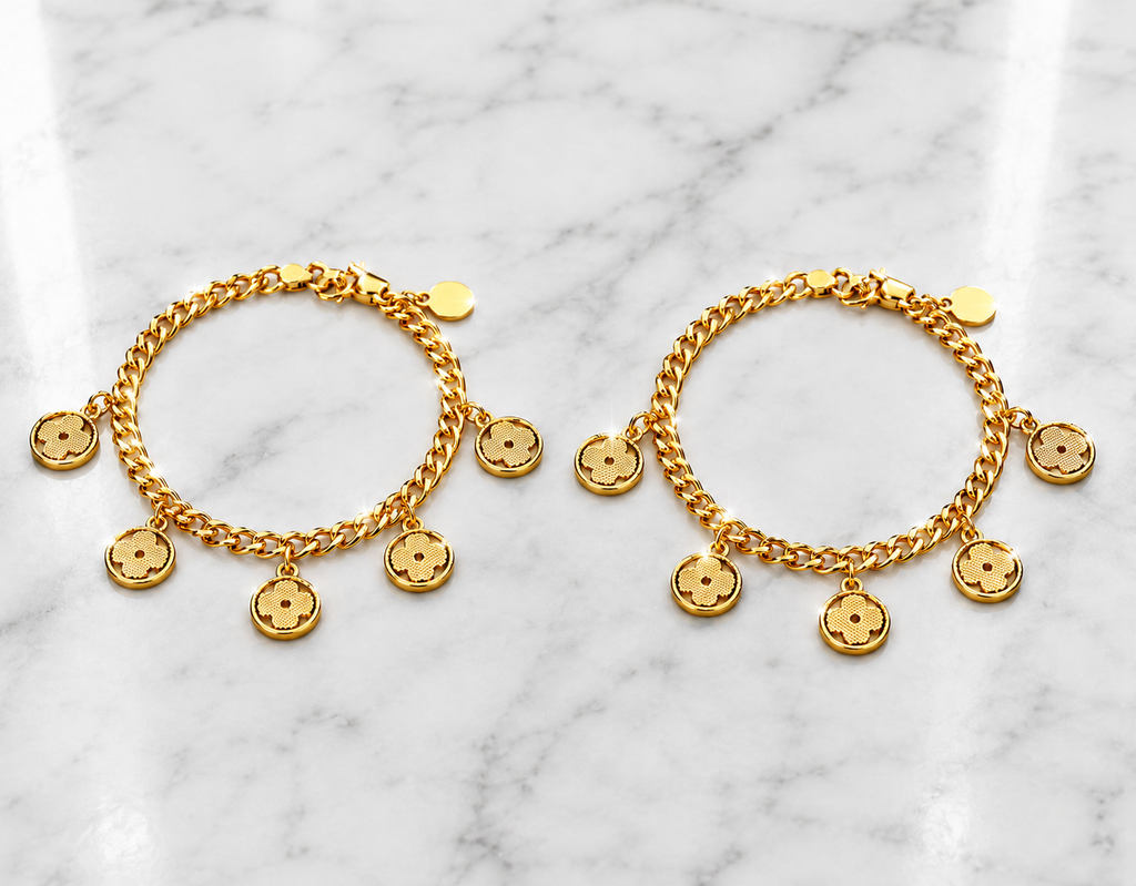 2Pc Gold Tone Charm Bracelet Set Fashion Jewelry Gift