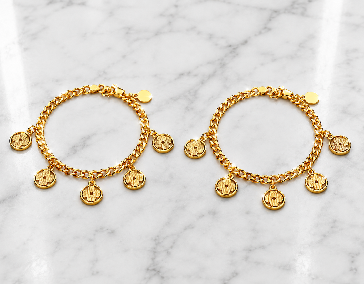 2Pc Gold Tone Charm Bracelet Set Fashion Jewelry Gift